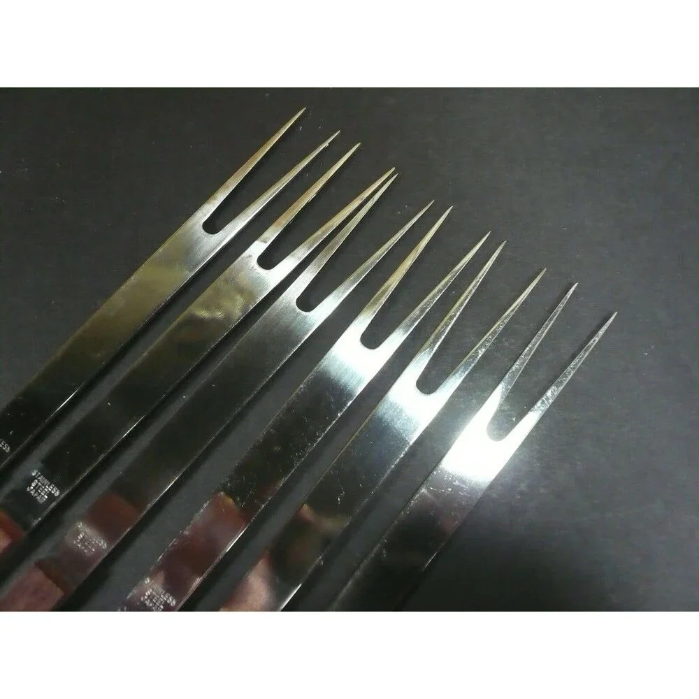 Vintage Set of 6 Stainless Steel & Teakwood Fondue 10